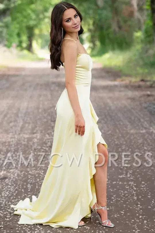 Amzcw Simple Yellow Spaghetti Straps Mermaid Satin Formal Prom Dress