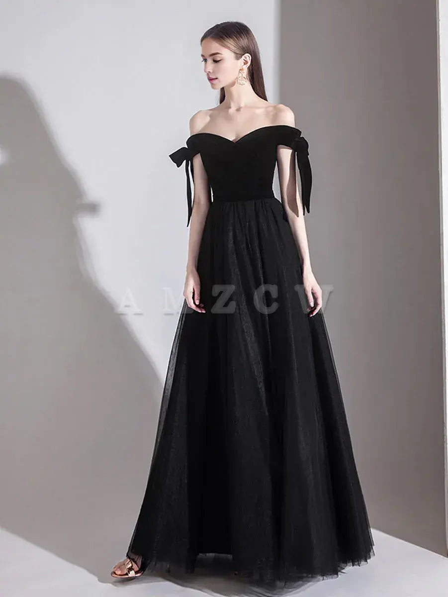 Amzcw Simple black off shoulder tulle long prom dress black evening dress prom dresses shops