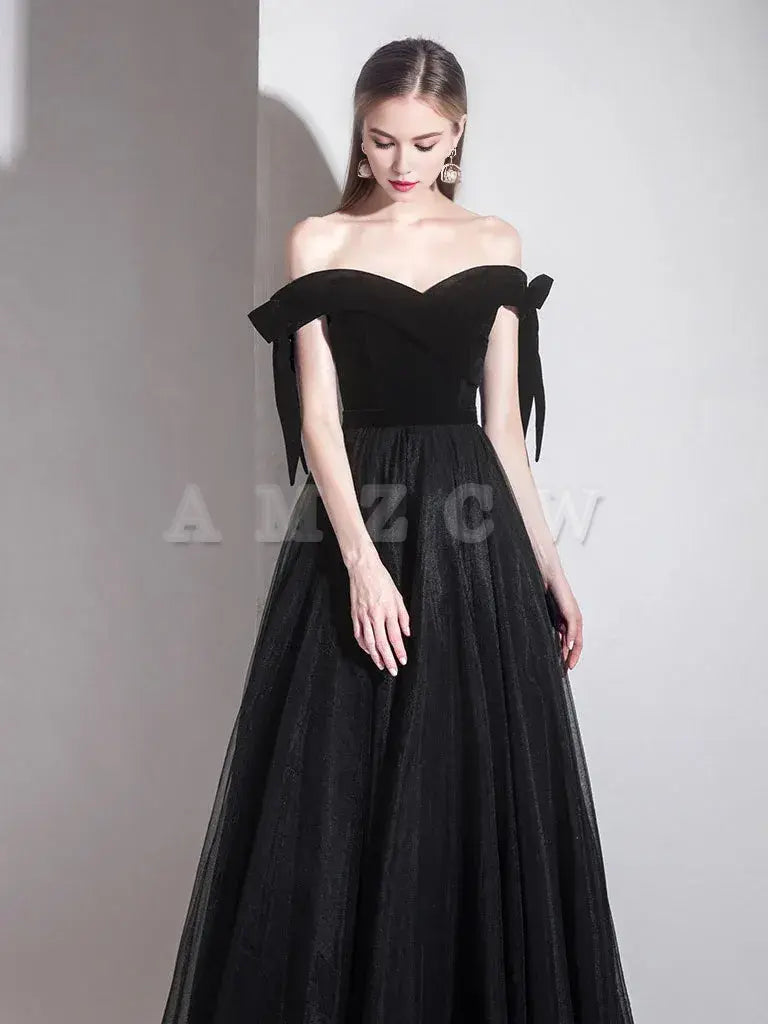 Amzcw Simple black off shoulder tulle long prom dress black evening dress prom dresses shops