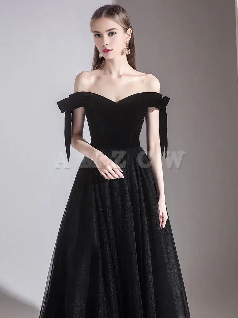Amzcw Simple black off shoulder tulle long prom dress black evening dress prom dresses shops
