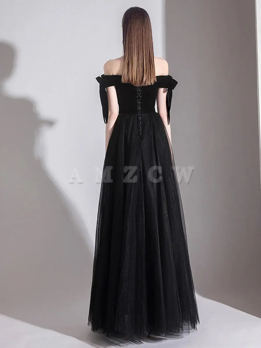 Amzcw Simple black off shoulder tulle long prom dress black evening dress prom dresses shops
