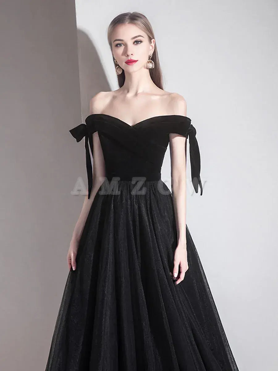 Amzcw Simple black off shoulder tulle long prom dress black evening dress prom dresses shops