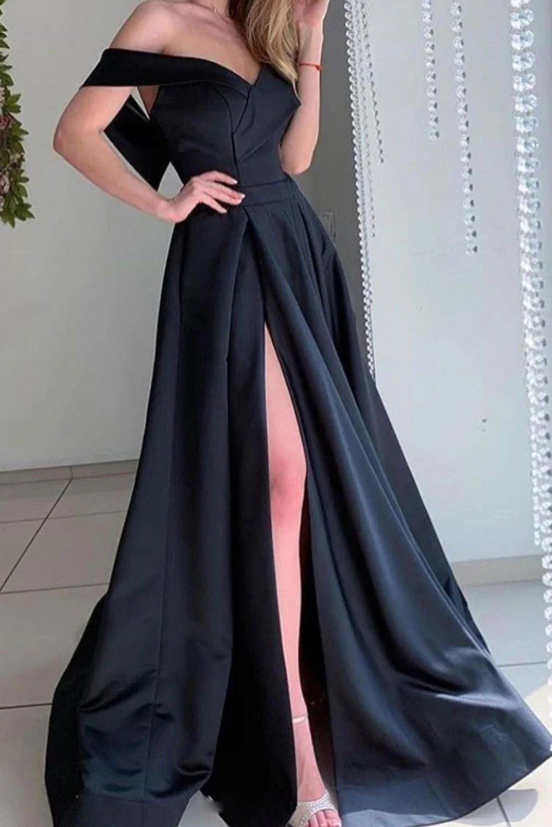 Amzcw Simple black satin long prom dress black satin evening dress formal wear dresses