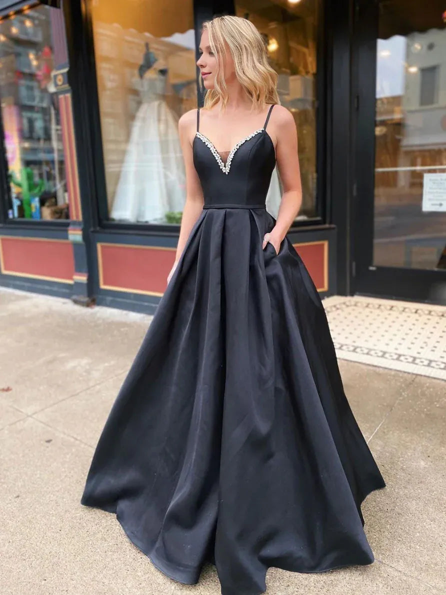 Amzcw Simple black satin long prom dress black satin evening dress stores with prom dresses