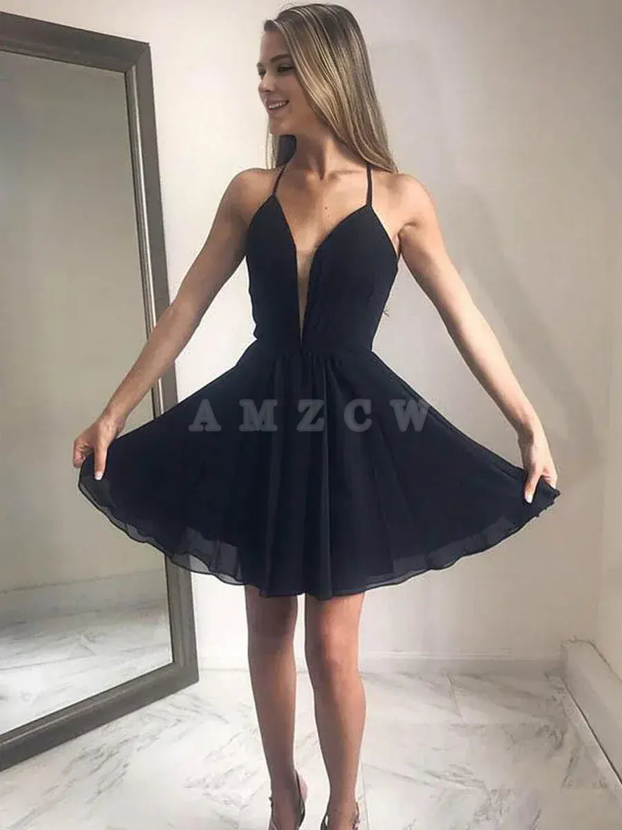 Amzcw Simple black v neck short prom dress black homecoming dress formal wear dresses