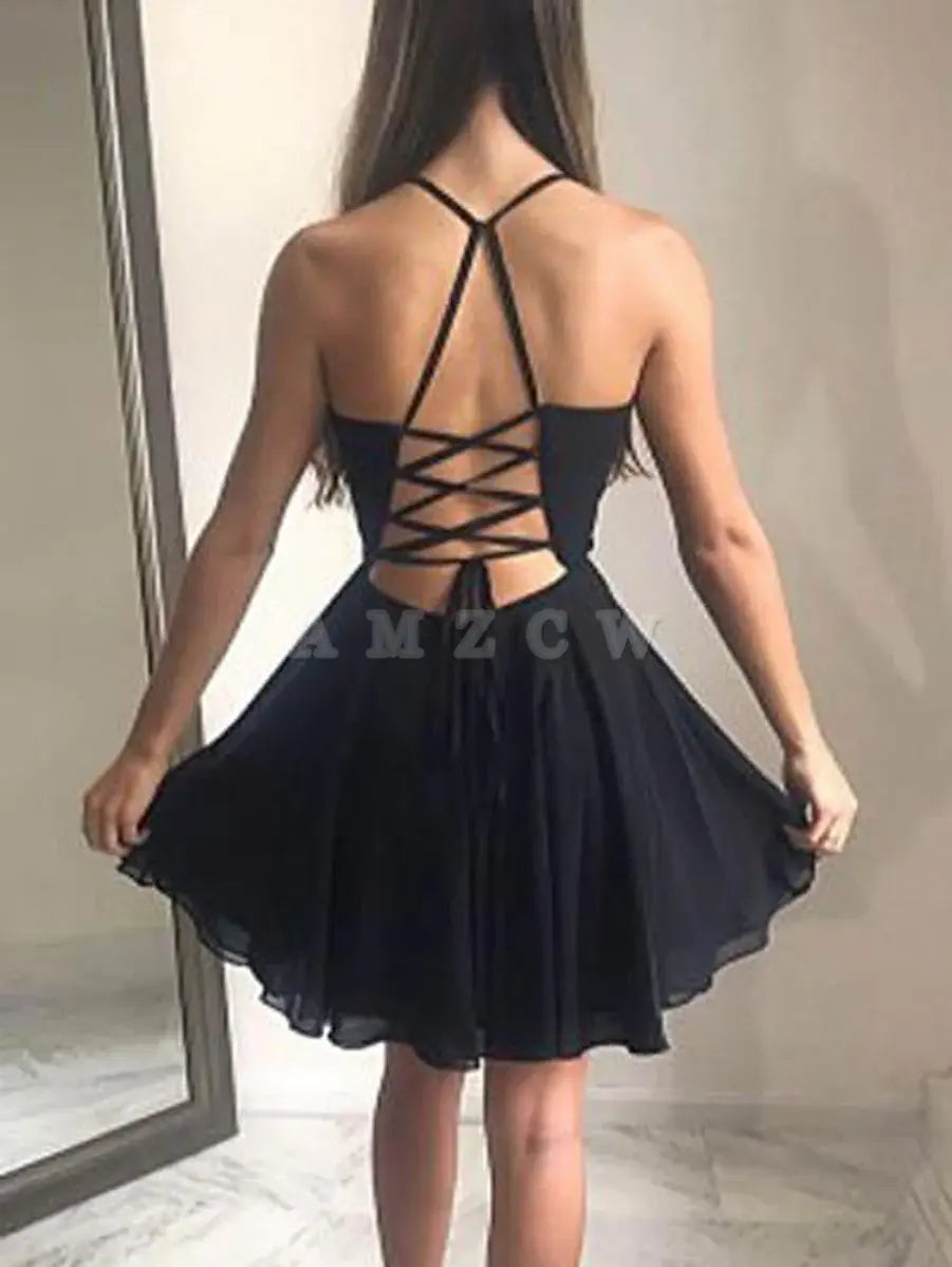 Amzcw Simple black v neck short prom dress black homecoming dress formal wear dresses