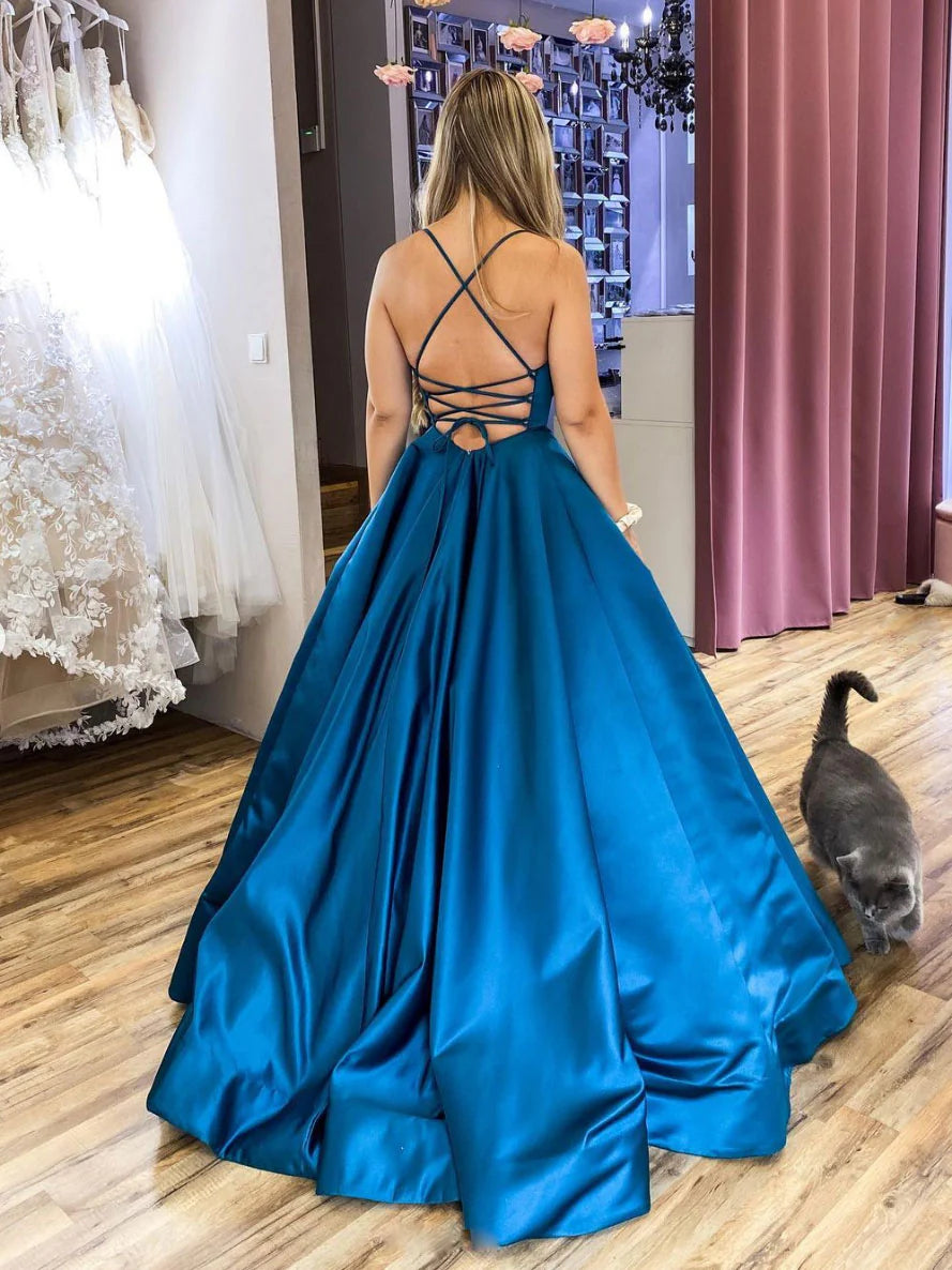 Amzcw Simple blue satin backless long prom dress blue evening dress stores with prom dresses