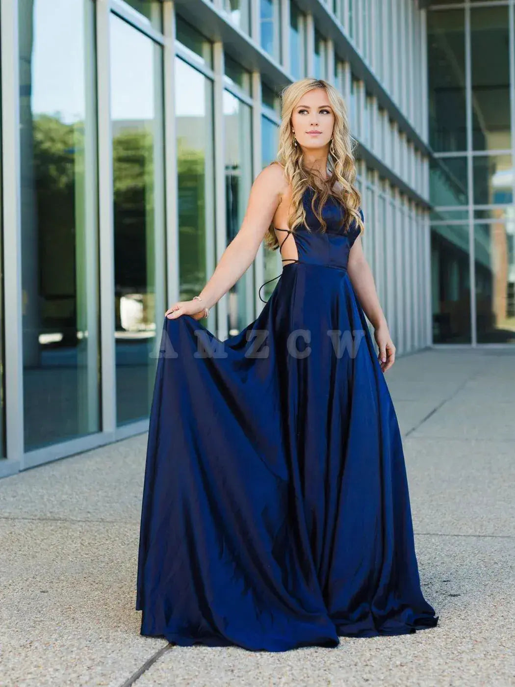 Amzcw Vestido de fiesta largo de satén azul sencillo, vestido de noche azul sin espalda, vestidos formales
