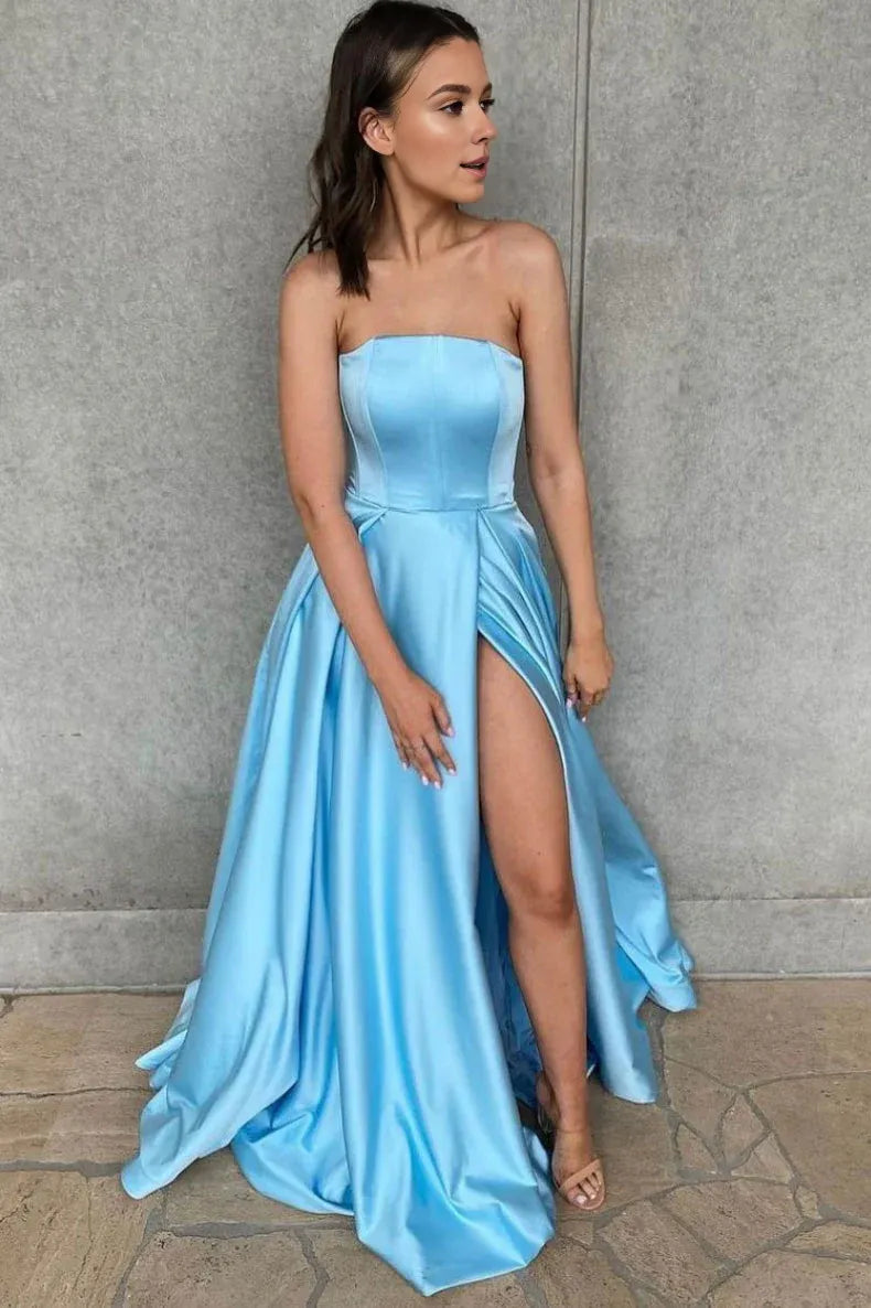 Amzcw Simple blue satin long prom dress blue bridesmaid dress formal wear dresses