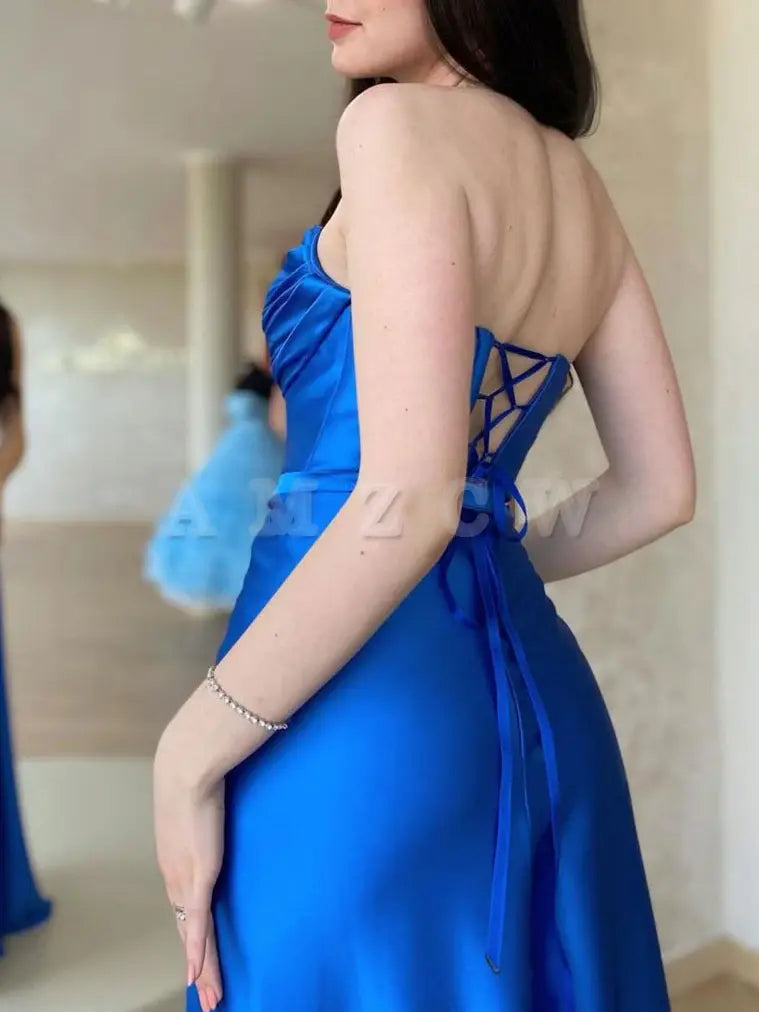 Amzcw Simple blue satin long prom dress blue formal party dress prom dresses shops