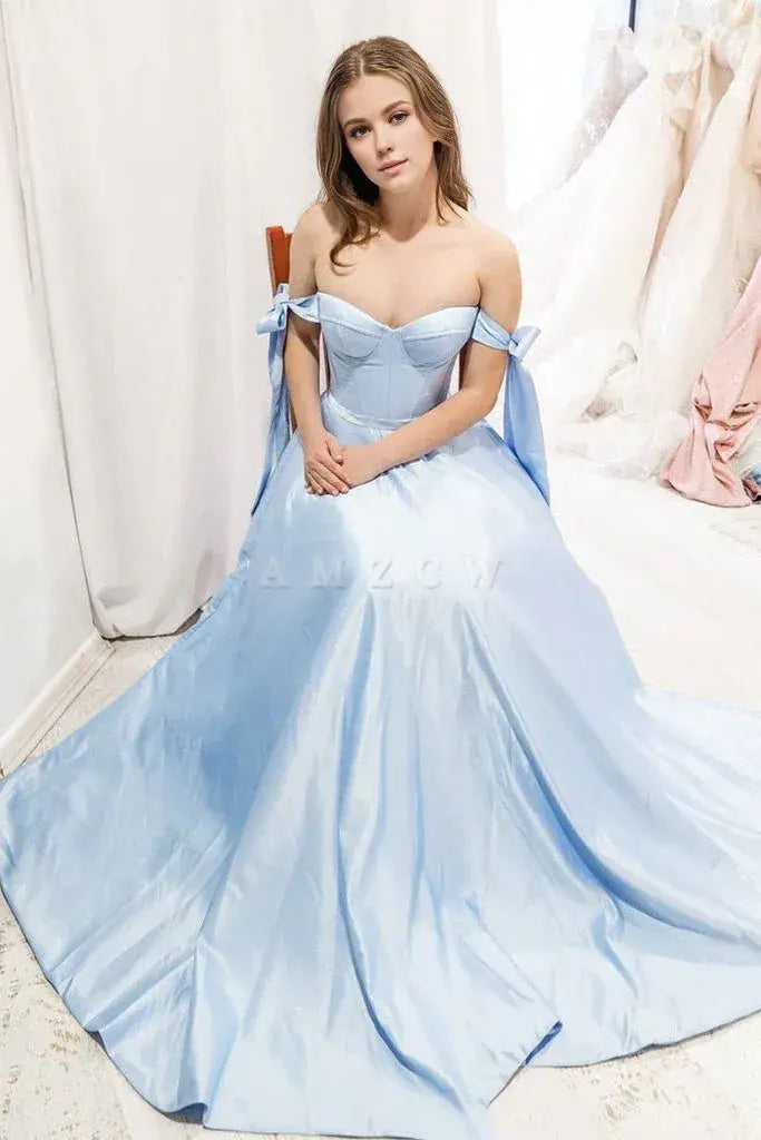 Amzcw Simple blue sweetheart satin long prom dress blue evening dress formal wear dresses