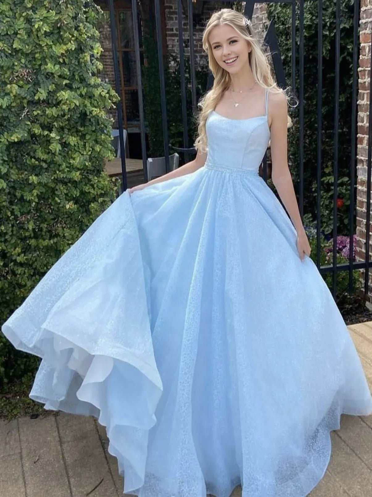 Amzcw Simple blue tulle sequin long prom dress blue tulle formal dress stores with prom dresses