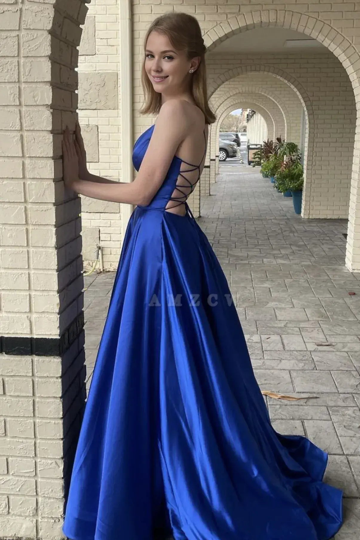 Amzcw Simple blue v neck satin long prom dress blue formal dress New Arrivals