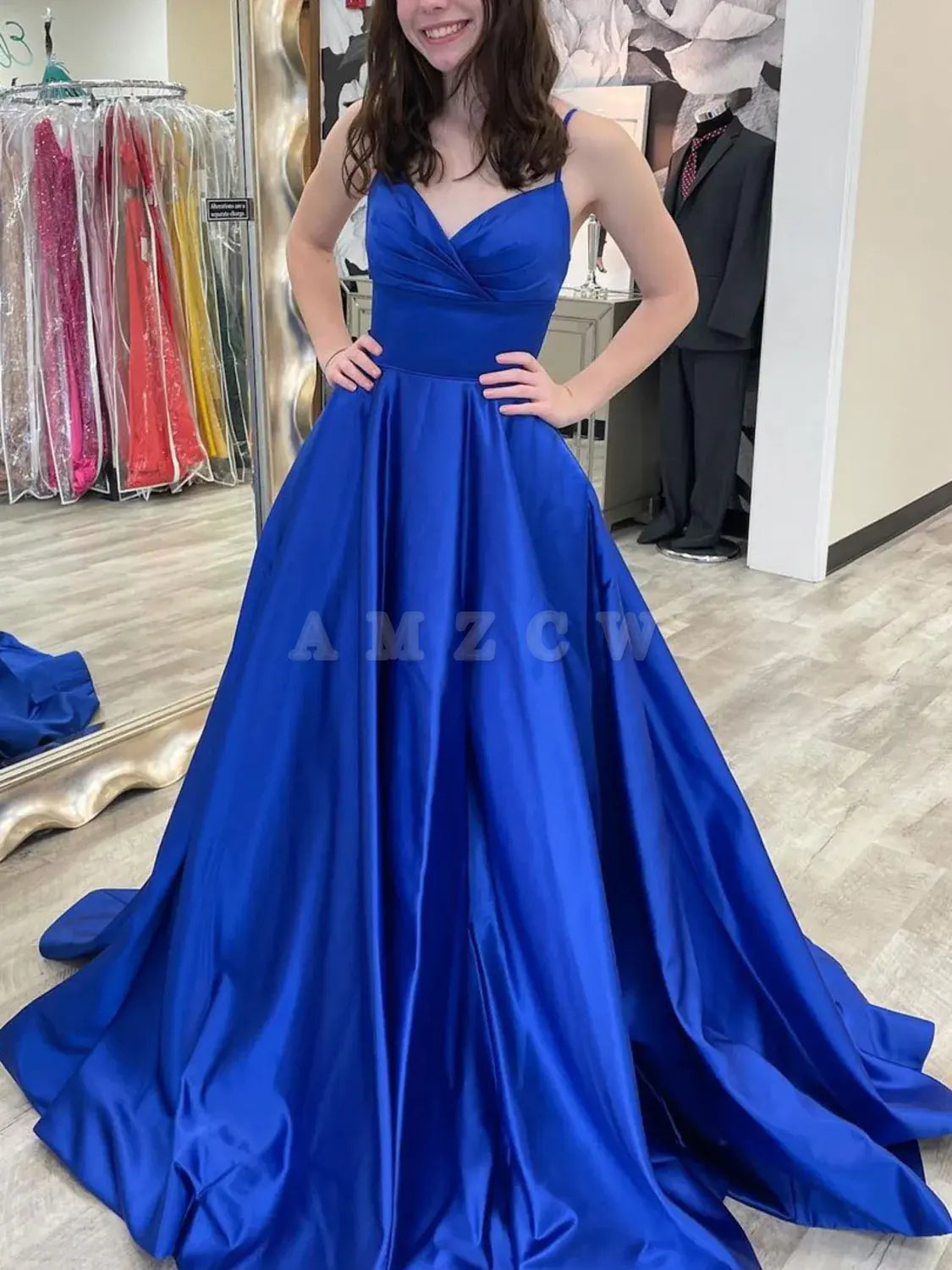 Amzcw Vestido de fiesta largo de satén con escote en V azul sencillo, vestido formal azul, vestidos formales