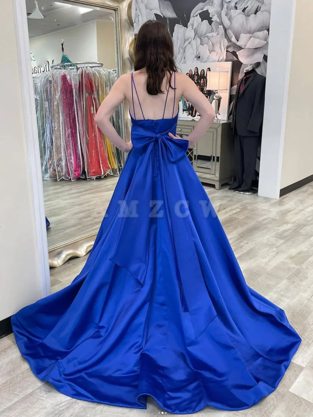 Amzcw Vestido de fiesta largo de satén con escote en V azul sencillo, vestido formal azul, vestidos formales
