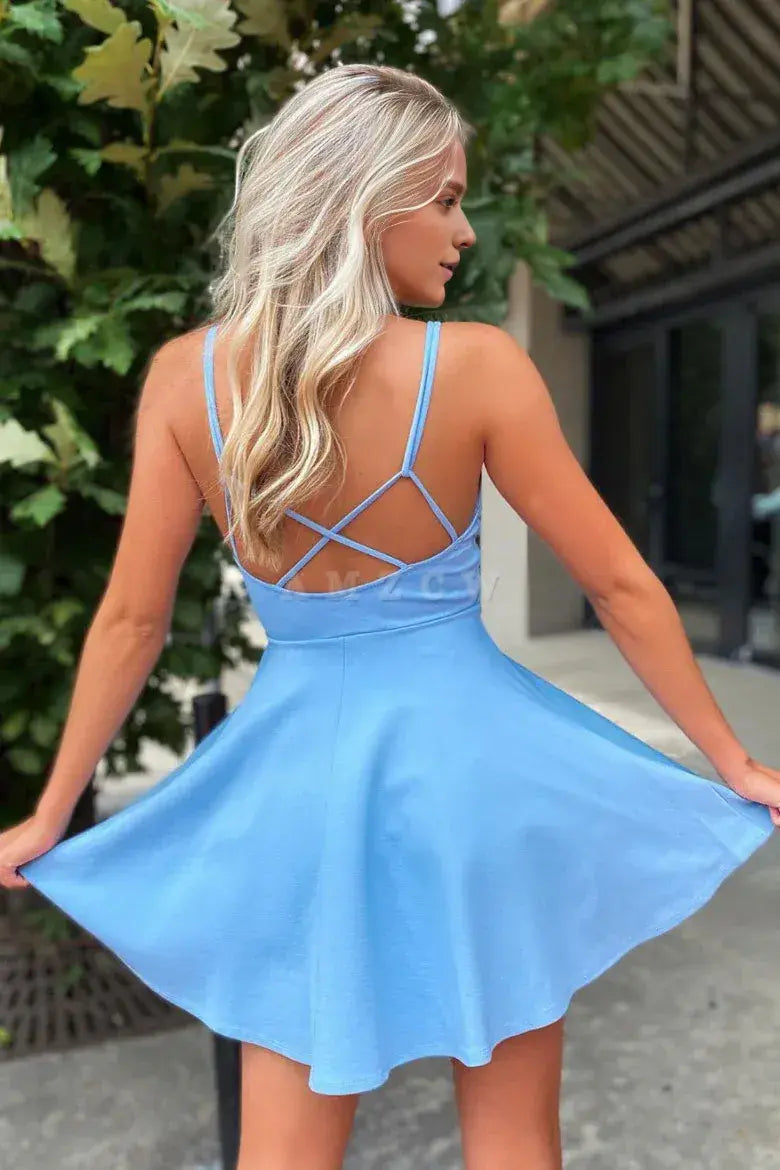 Amzcw Simple blue v neck short prom dress blue cocktail dress formal wear dresses