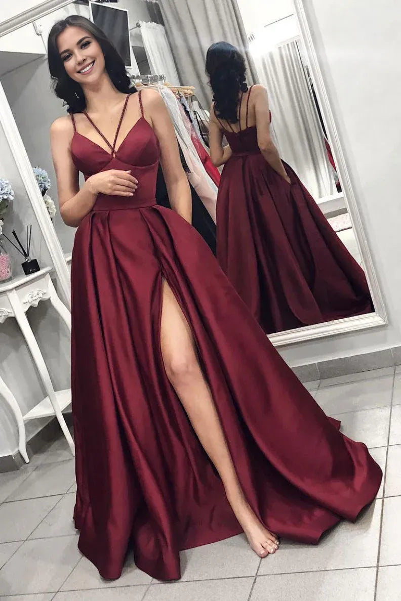 Amzcw Simple burgundy satin long prom dress burgundy formal dress New Arrivals