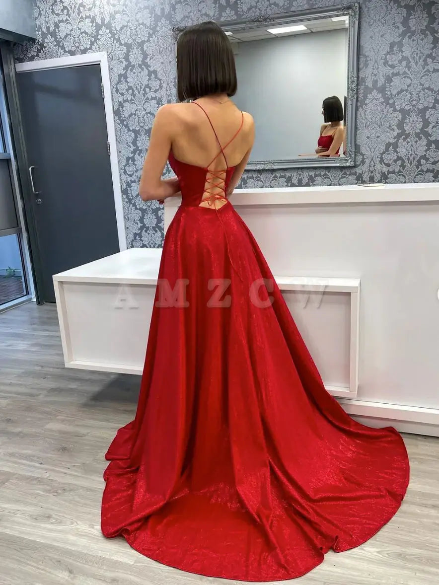 Amzcw Vestido de fiesta largo de satén burdeos sencillo, vestido de noche, vestidos formales.