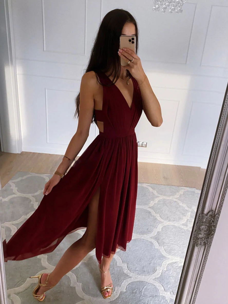 Amzcw Simple burgundy v neck chiffon high low prom dress stores with prom dresses