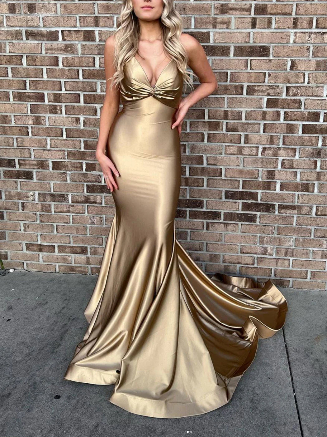 Amzcw Simple gold satin mermaid long prom dress gold evening dress formal wear dresses