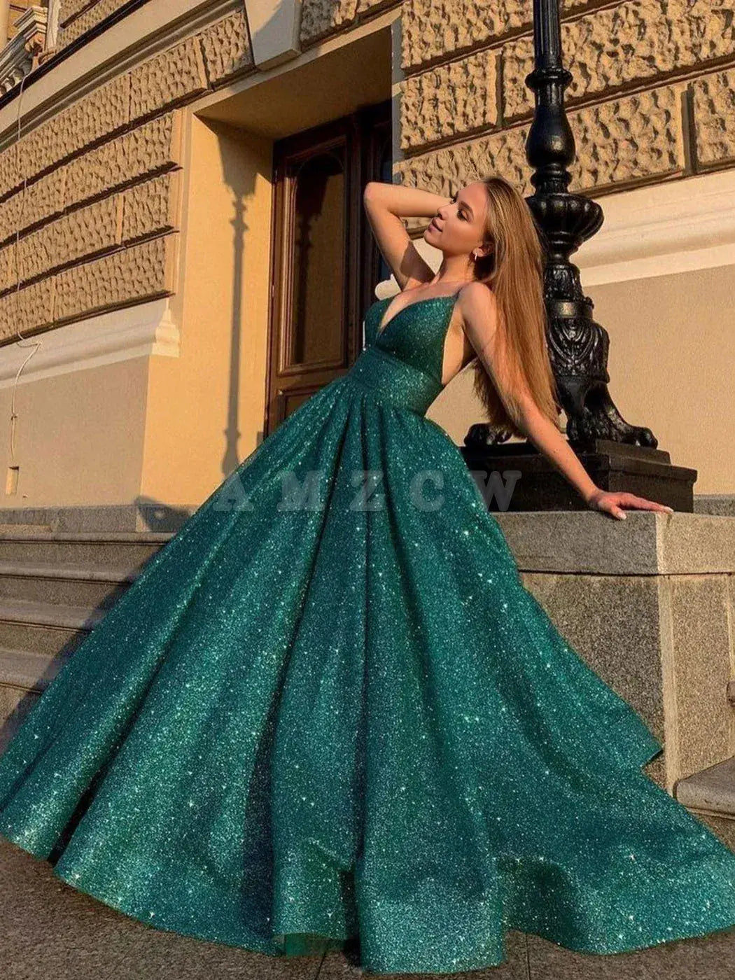 Amzcw Vestido largo de fiesta verde sencillo con escote en V y brillo, vestido formal verde, vestidos formales