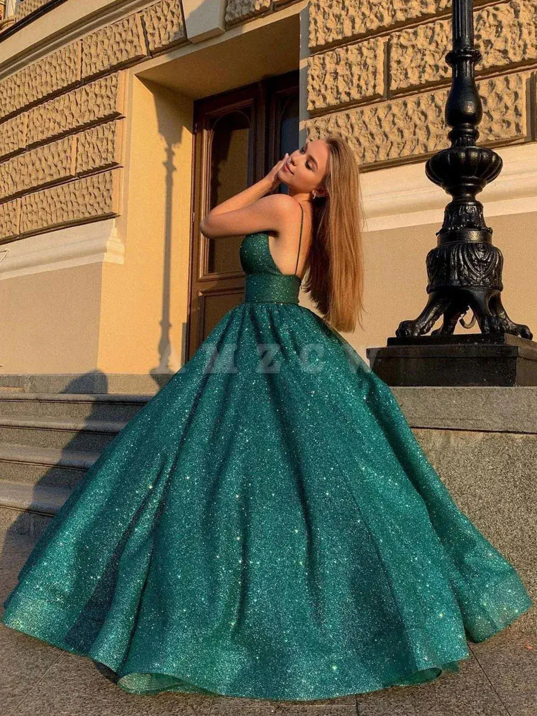 Amzcw Vestido largo de fiesta verde sencillo con escote en V y brillo, vestido formal verde, vestidos formales