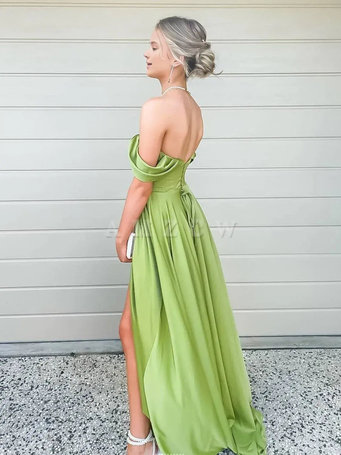 Amzcw Simple green off shoulder satin long prom dress green evening dress formal wear dresses 