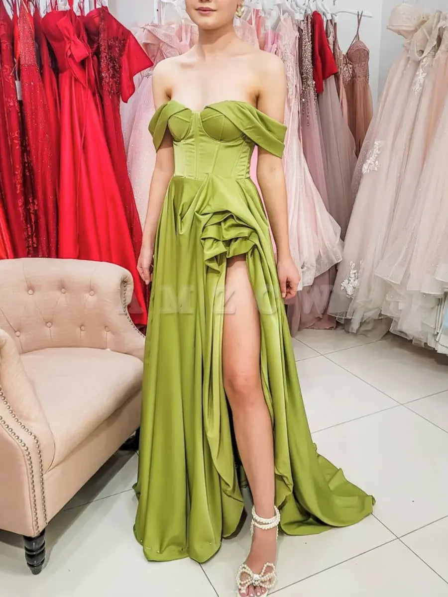 Amzcw Simple green off shoulder satin long prom dress green evening dress formal wear dresses 