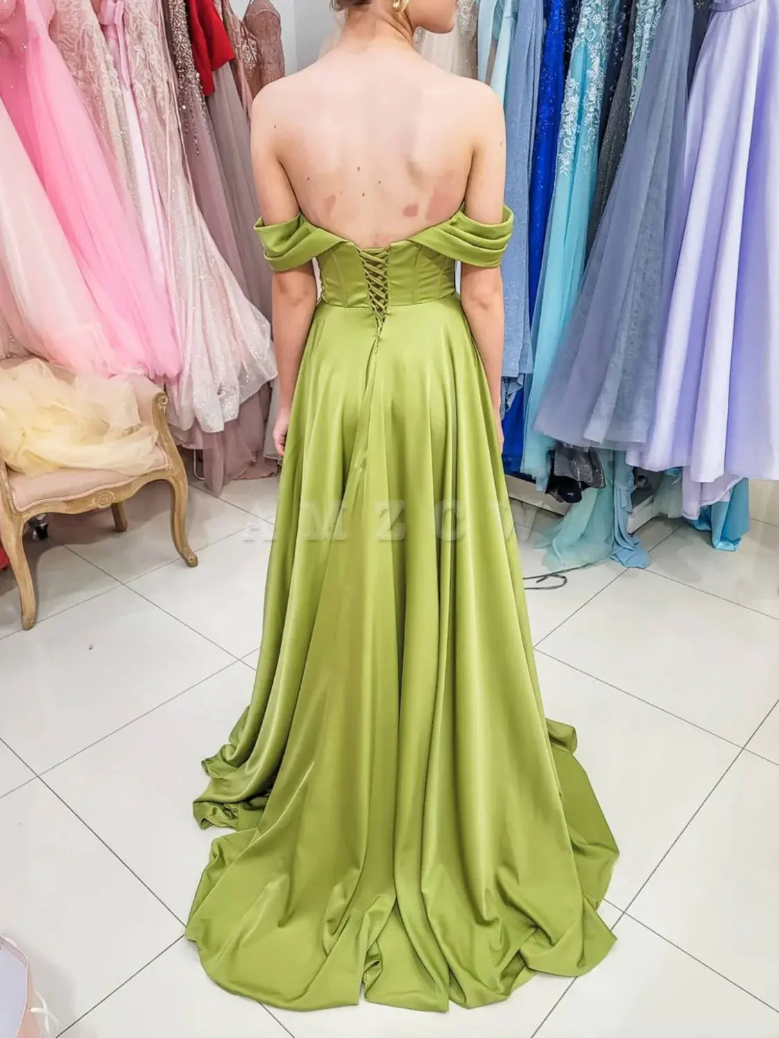 Amzcw Simple green off shoulder satin long prom dress green evening dress formal wear dresses 