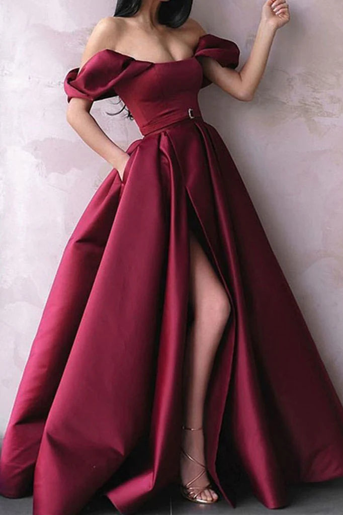 Amzcw Simple off shoulder satin burgundy prom dress long burgundy evening dress formal wear dresses