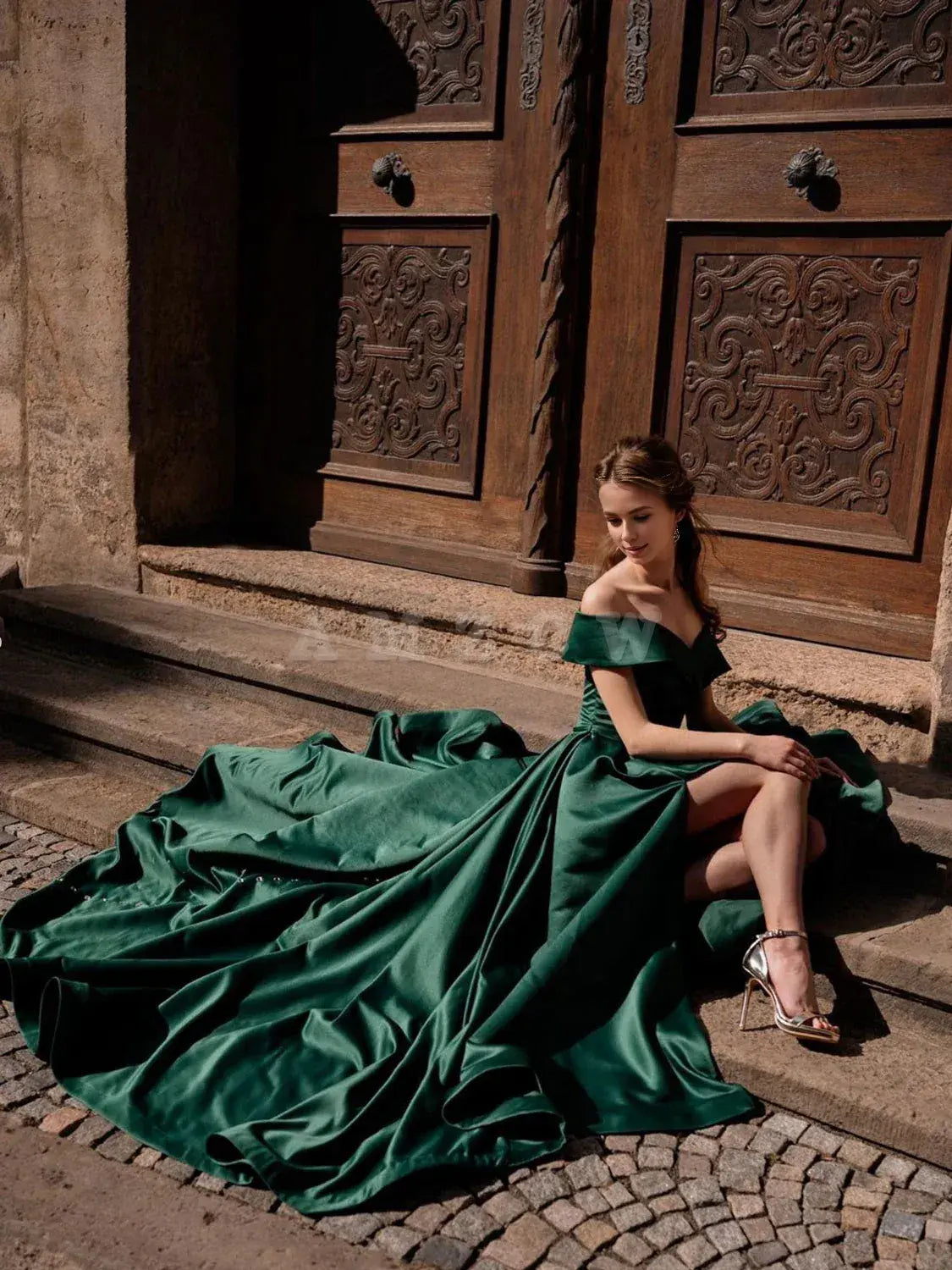 Amzcw Simple off shoulder satin green long prom dress green evening dress formal wear dresses