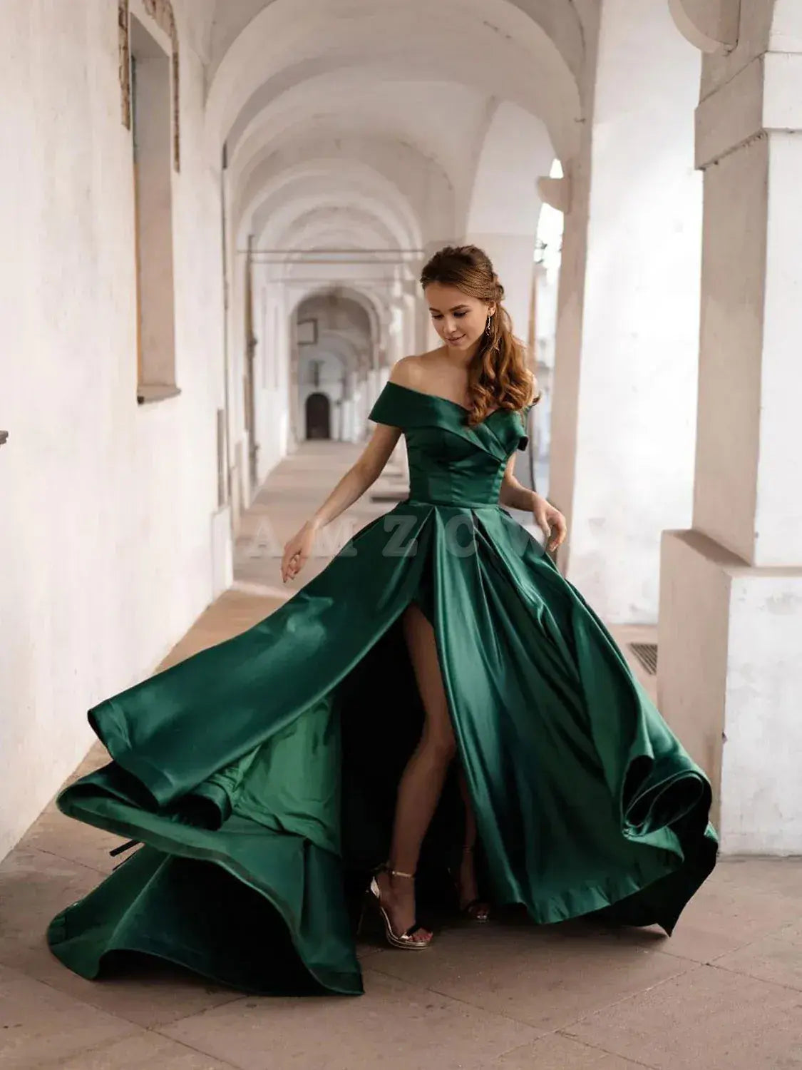 Amzcw Simple off shoulder satin green long prom dress green evening dress formal wear dresses