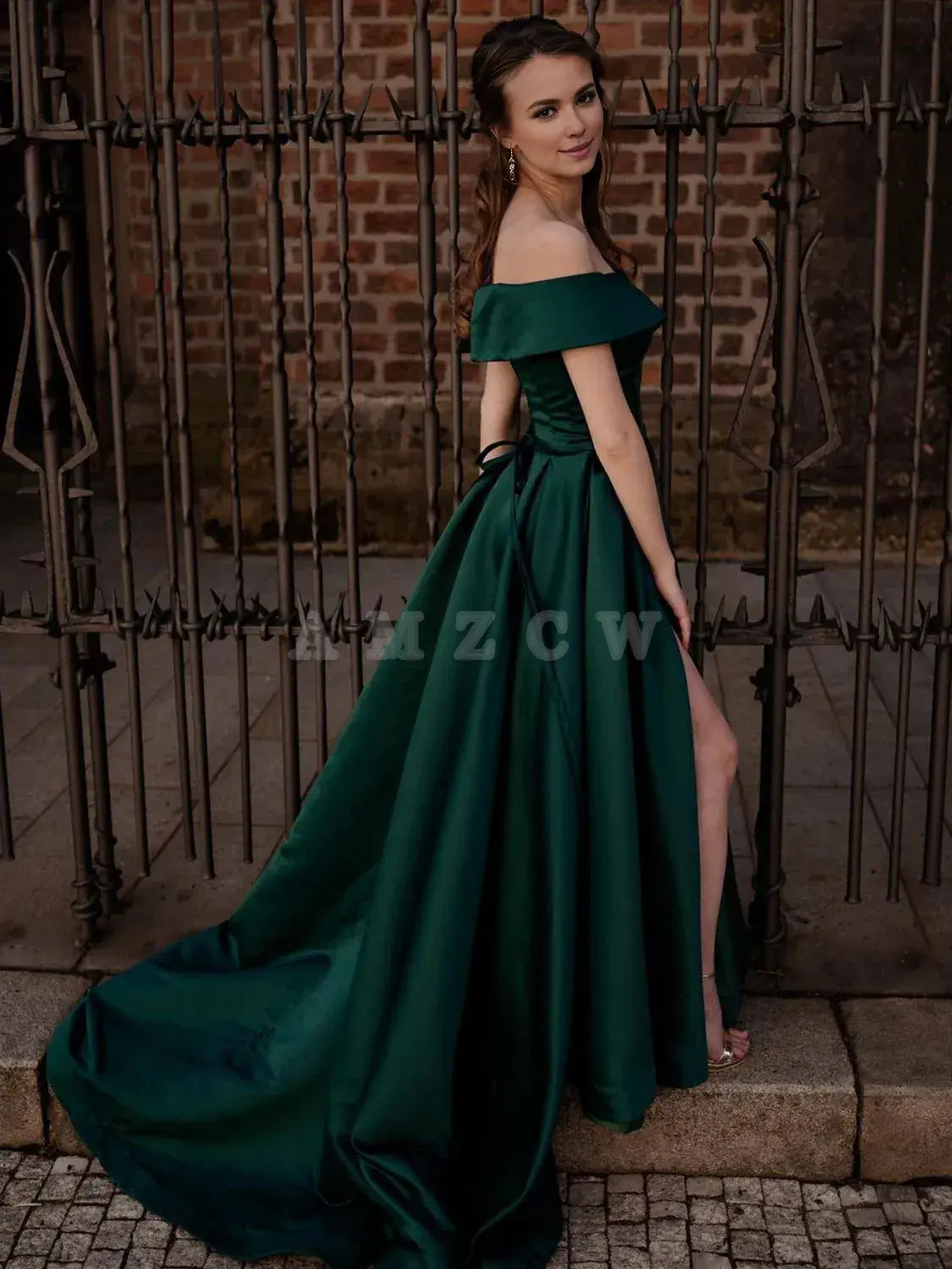 Amzcw Simple off shoulder satin green long prom dress green evening dress formal wear dresses