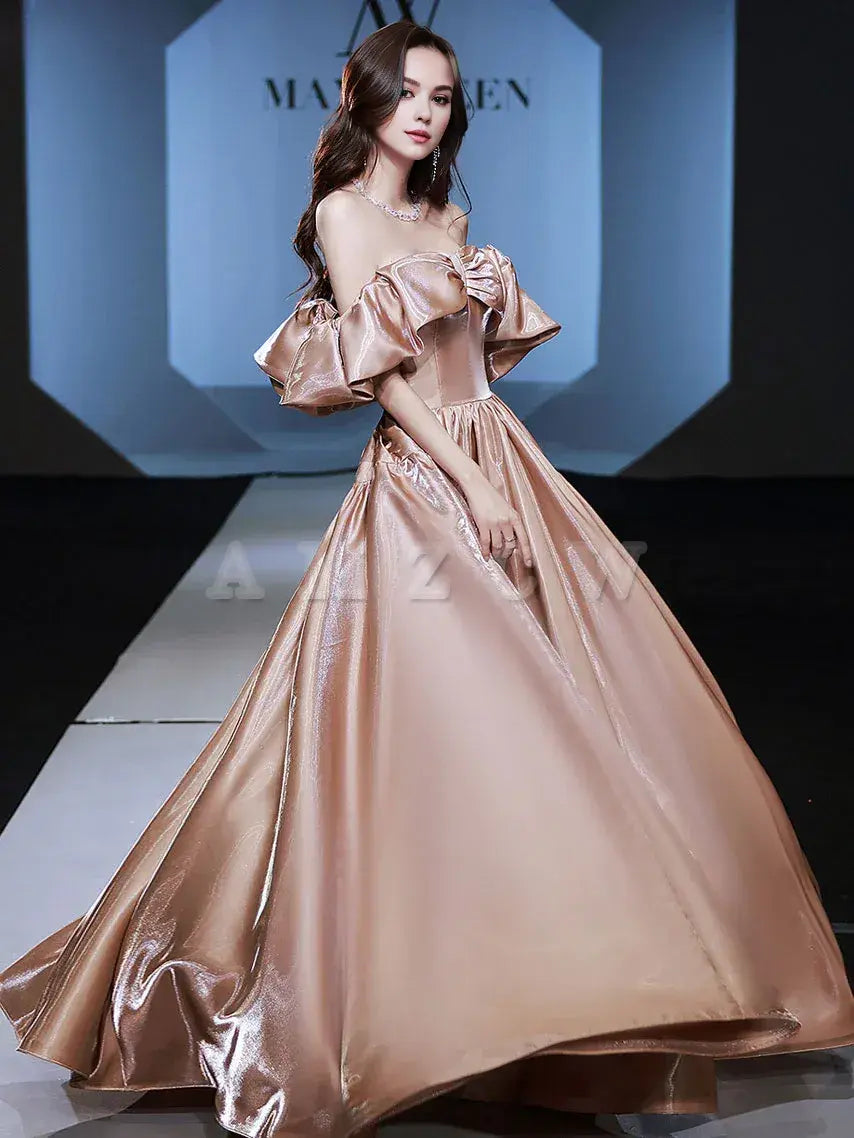 Amzcw Simple off shoulder satin long prom dress champagne evening dress prom dresses shops