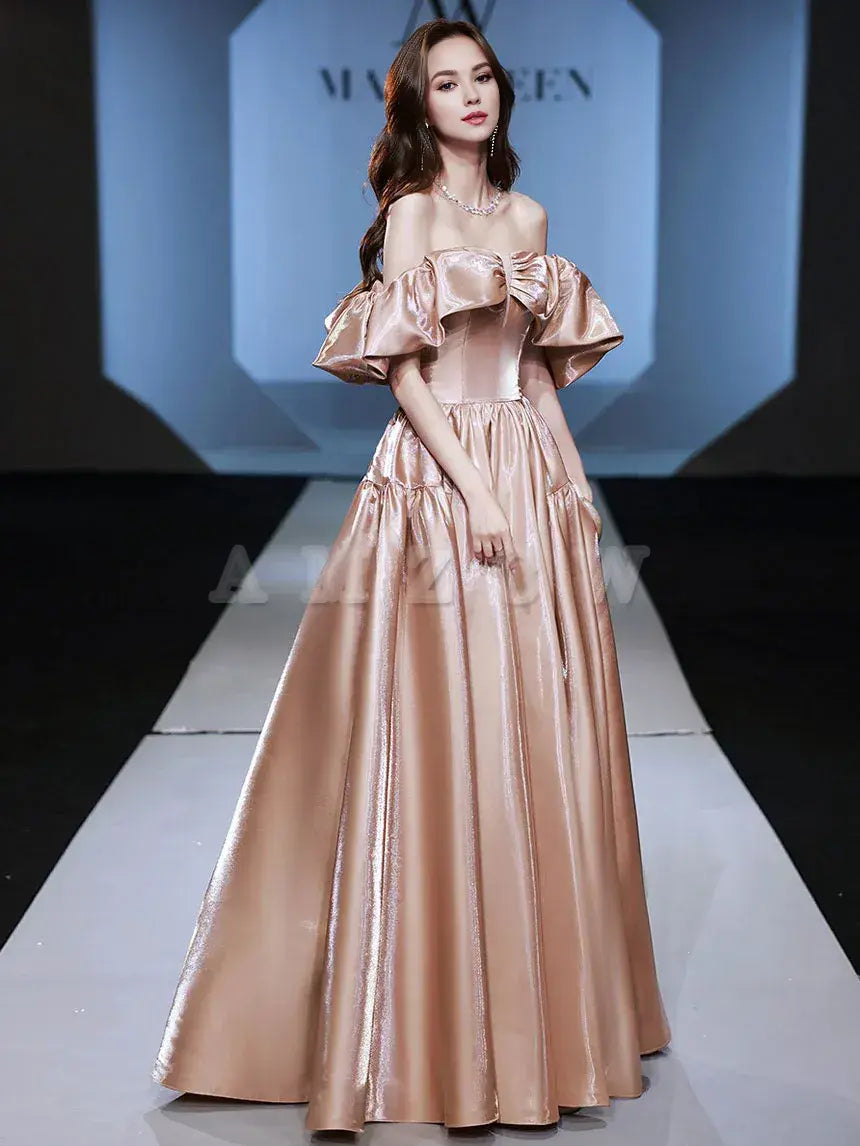 Amzcw Simple off shoulder satin long prom dress champagne evening dress prom dresses shops