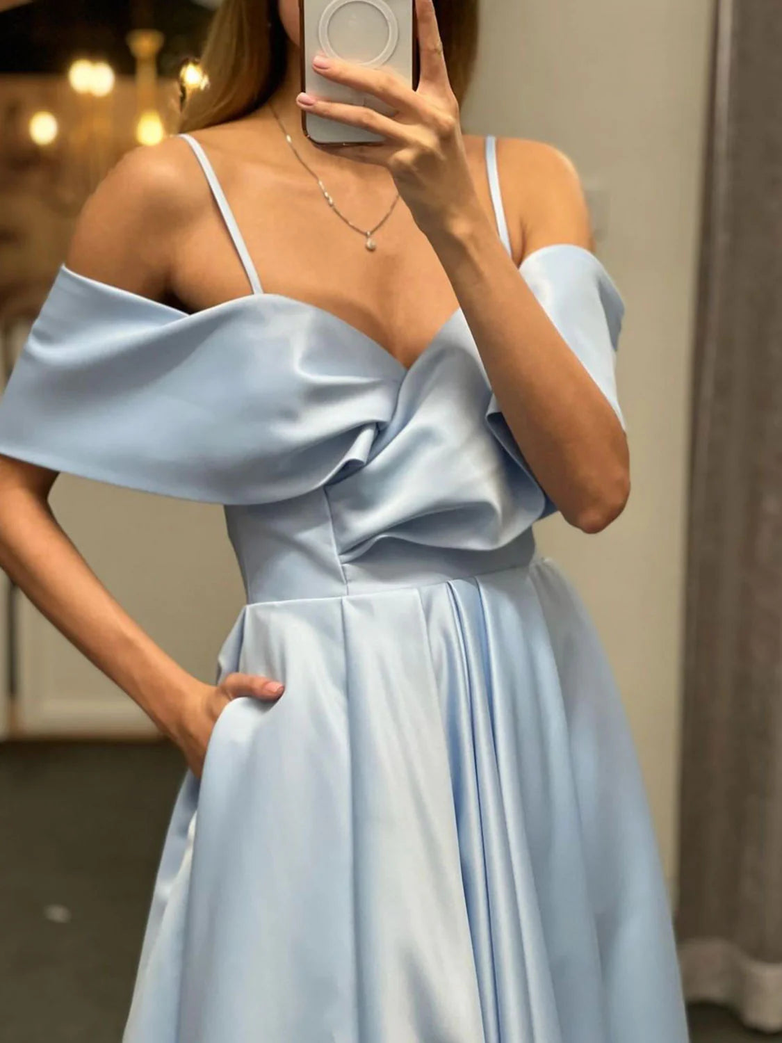 Amzcw Vestido de fiesta largo de satén con hombros descubiertos, sencillo, vestido de noche largo de satén, tiendas de vestidos de fiesta