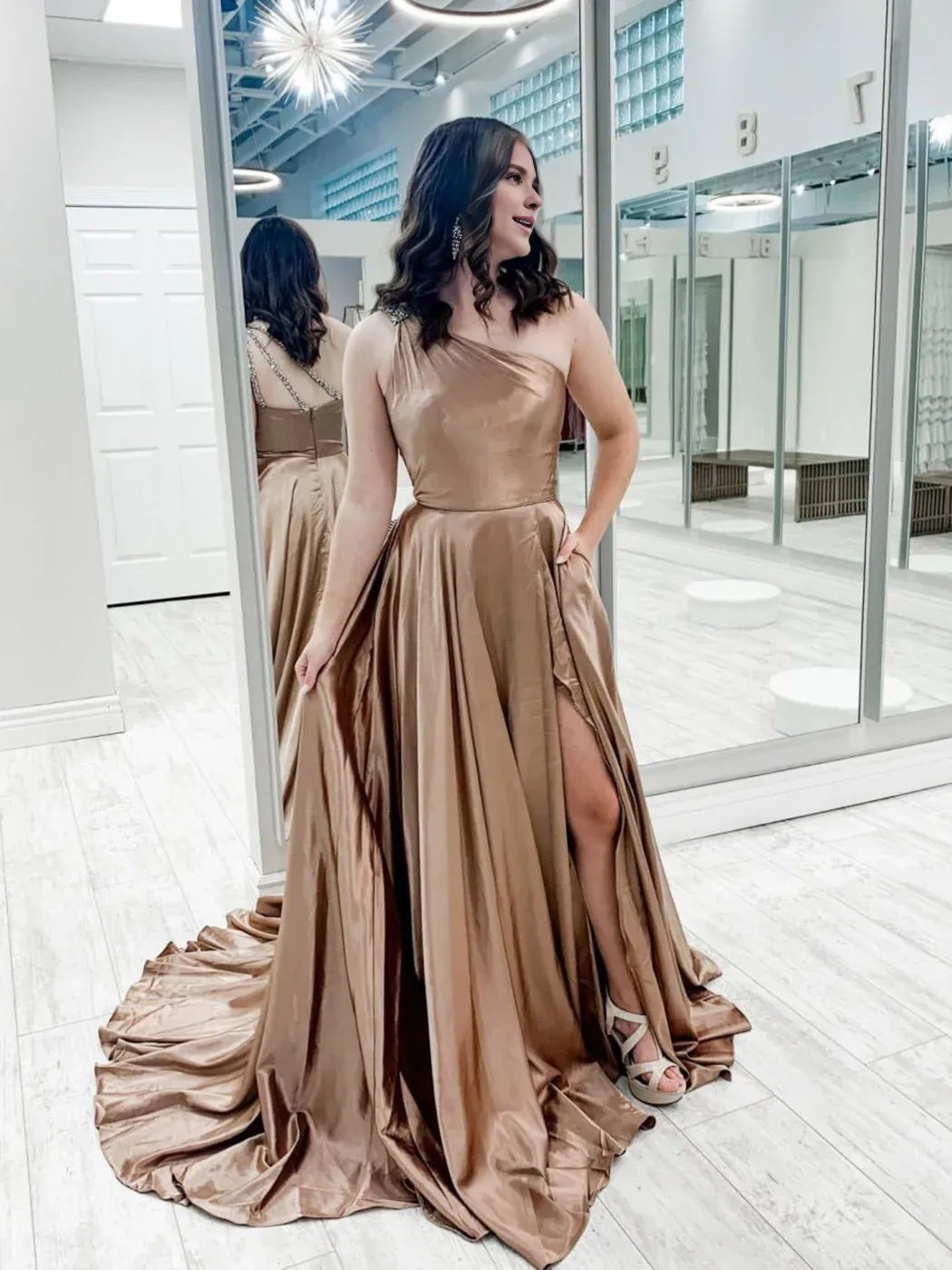 Amzcw Simple one shoulder satin long prom dress champagne evening dress formal wear dresses