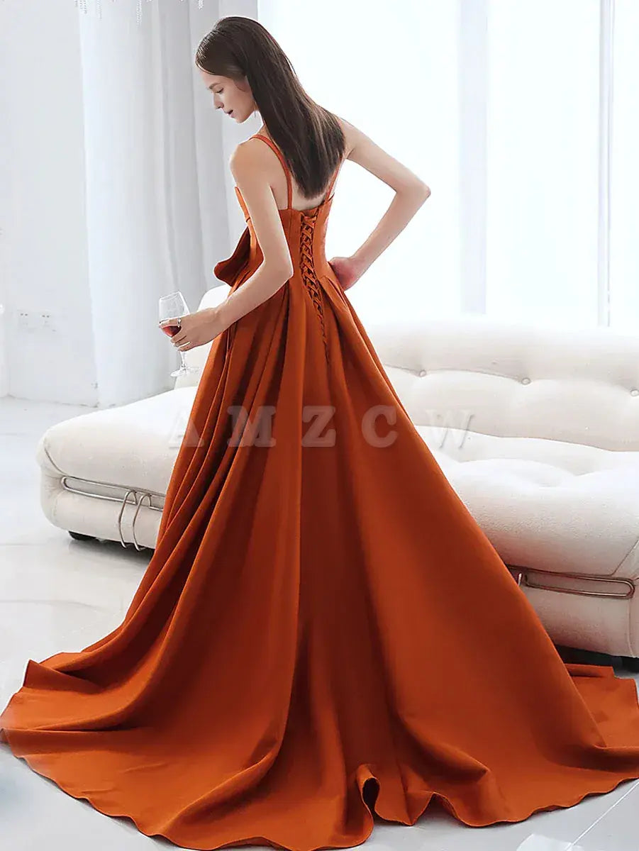 Amzcw Vestido de fiesta largo de satén naranja sencillo Vestido de noche naranja de corte A Tiendas de vestidos de fiesta
