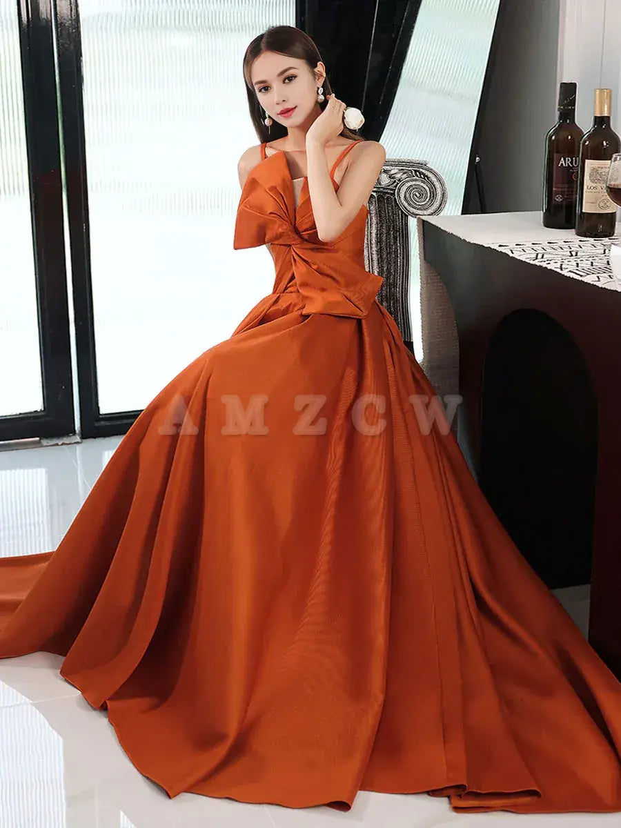 Amzcw Vestido de fiesta largo de satén naranja sencillo Vestido de noche naranja de corte A Tiendas de vestidos de fiesta