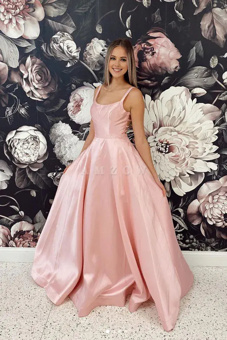 Amzcw Simple pink satin long prom dress pink satin formal dress New Arrivals