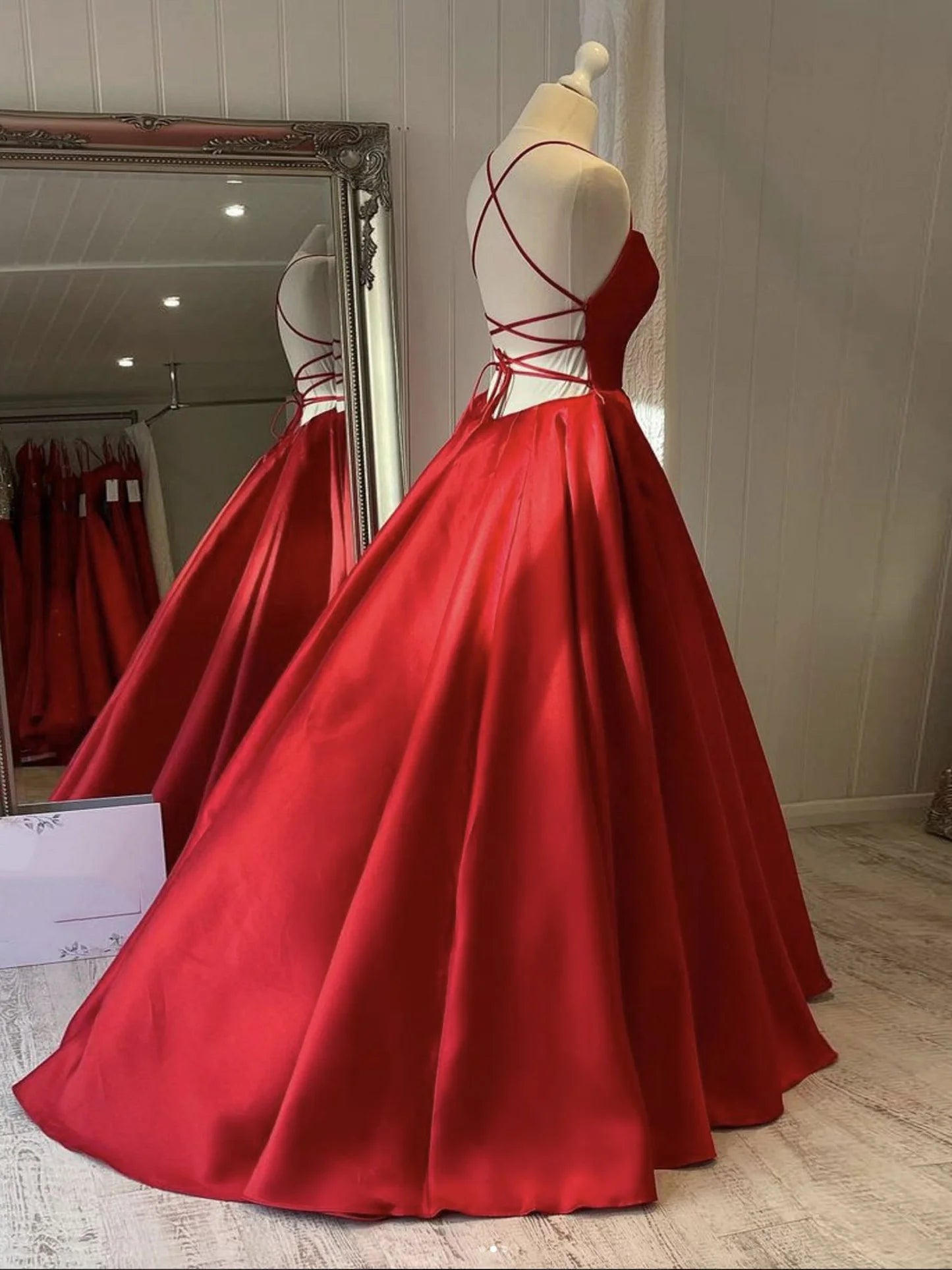 Amzcw Simple red satin long prom dress red evening dress formal wear dresses