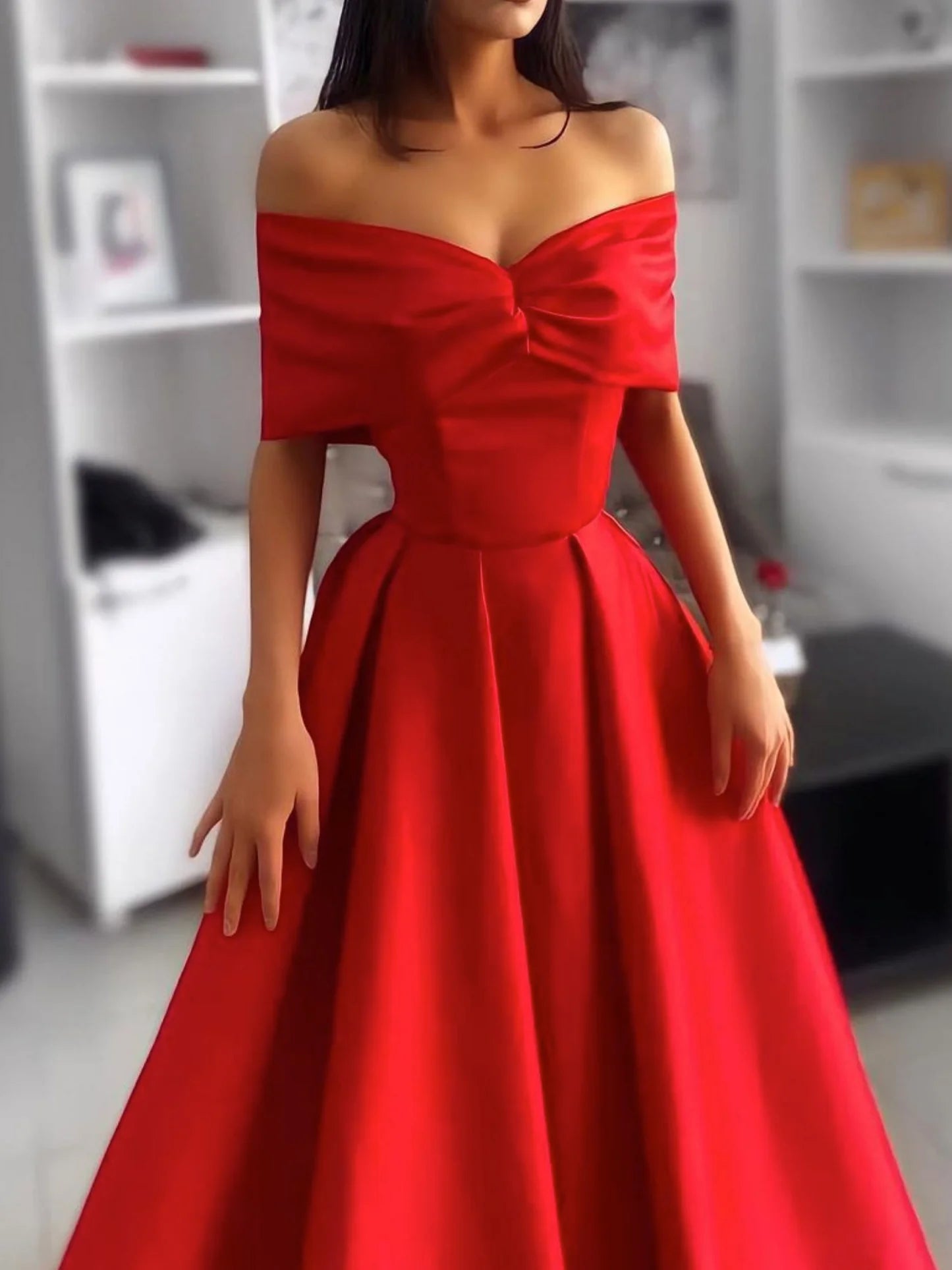 Amzcw Vestido de fiesta largo de satén rojo sencillo Vestido de noche largo rojo Tiendas de vestidos de fiesta