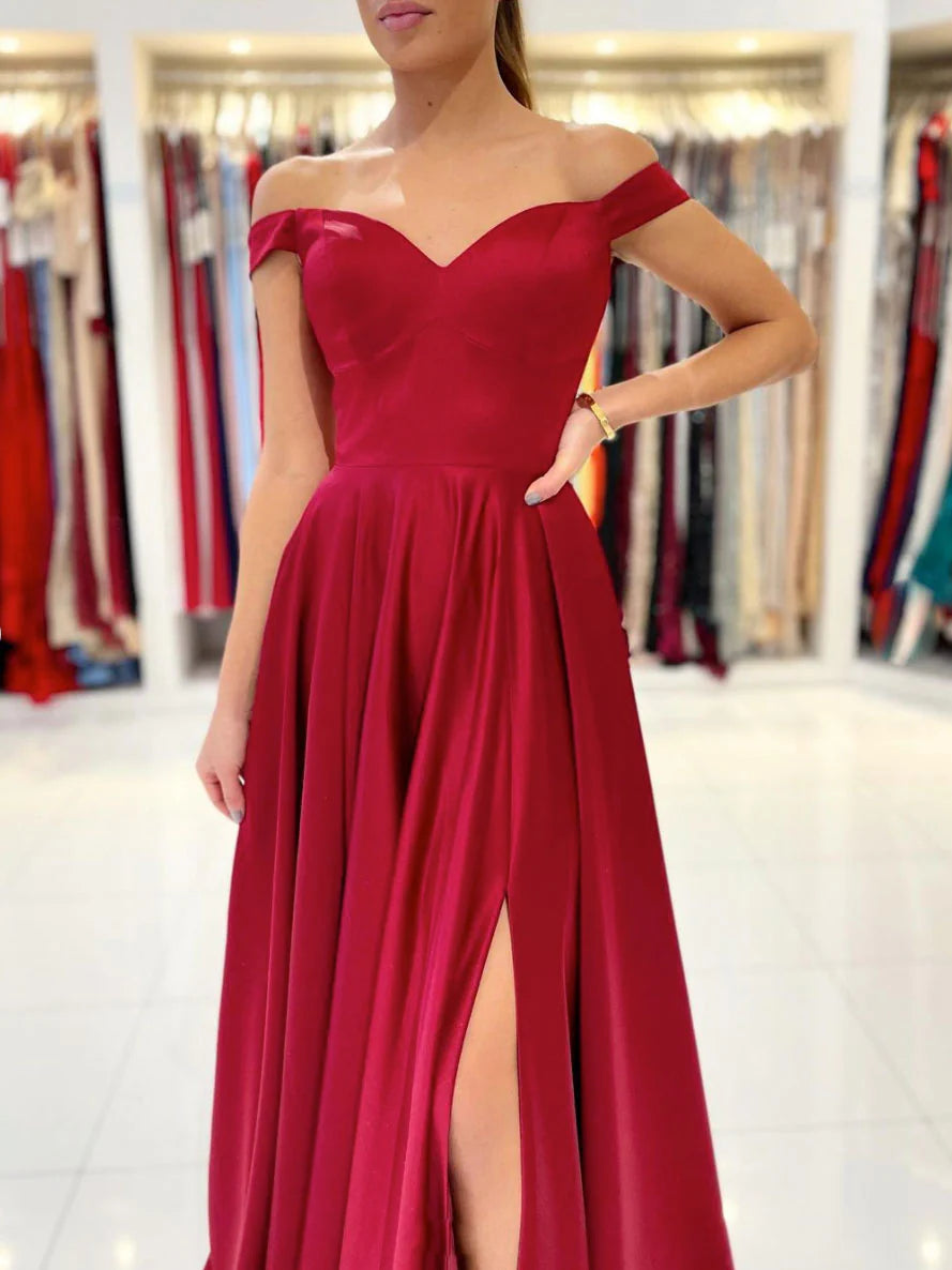 Amzcw Simple sweetheart satin long prom dress burgundy bridesmaid dress formal wear dresses
