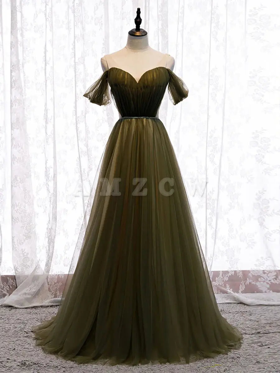 Amzcw Simple sweetheart tulle green long prom dress green evening dress stores with prom dresses