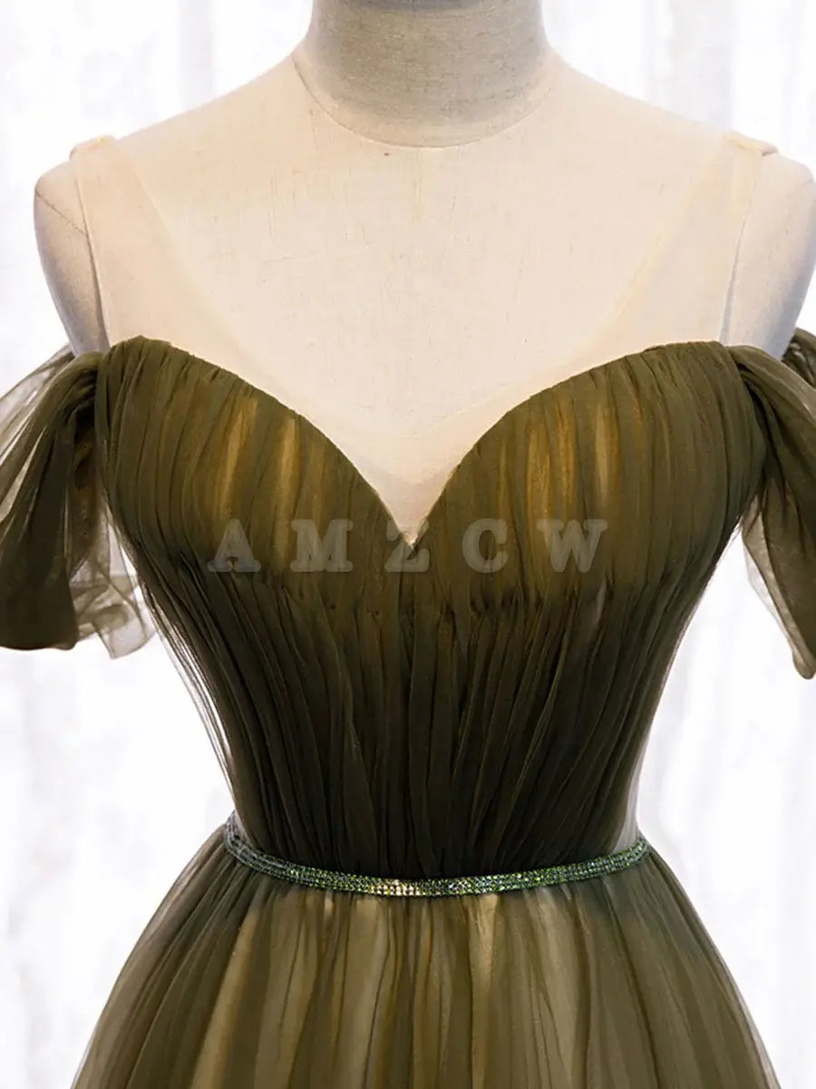 Amzcw Simple sweetheart tulle green long prom dress green evening dress stores with prom dresses