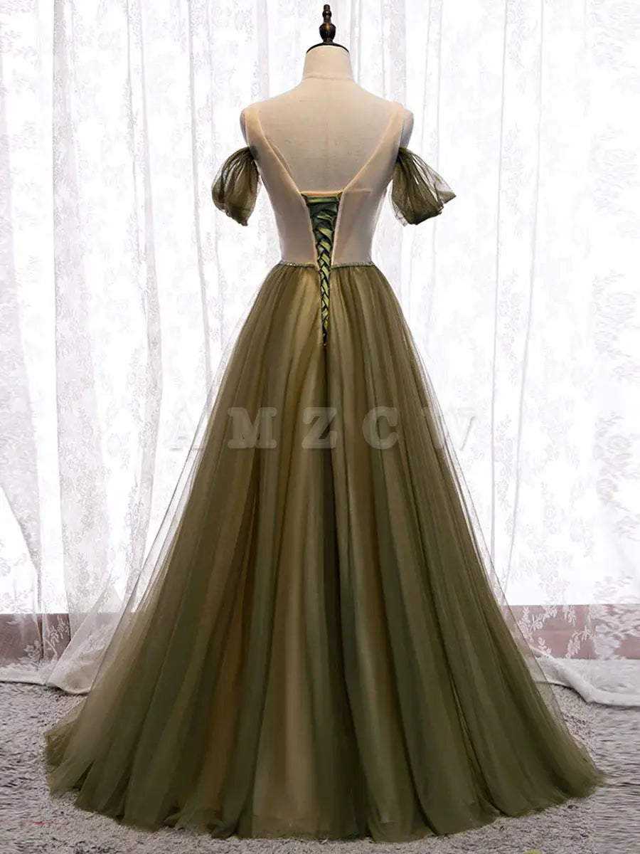 Amzcw Simple sweetheart tulle green long prom dress green evening dress stores with prom dresses