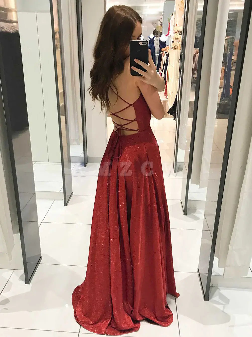 Amzcw Simple v neck A line long prom dress burgundy evening dress formal wear dresses