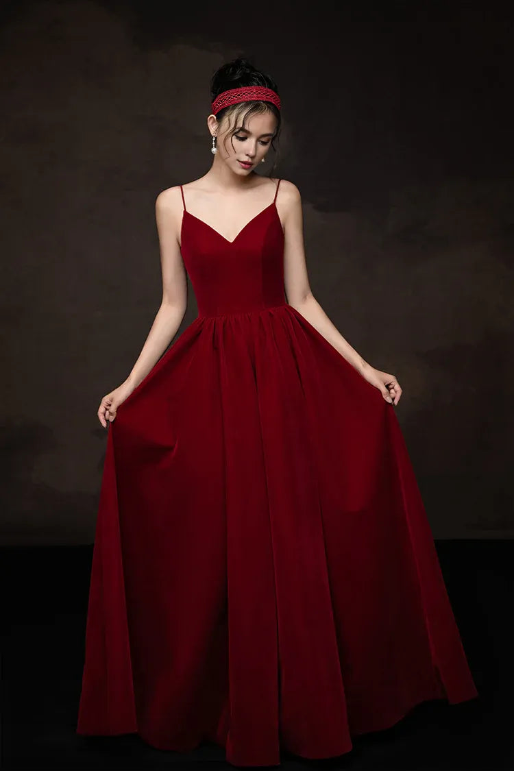 Amzcw Simple v neck burgundy long prom dress burgundy bridesmaid dress formal wear dresses