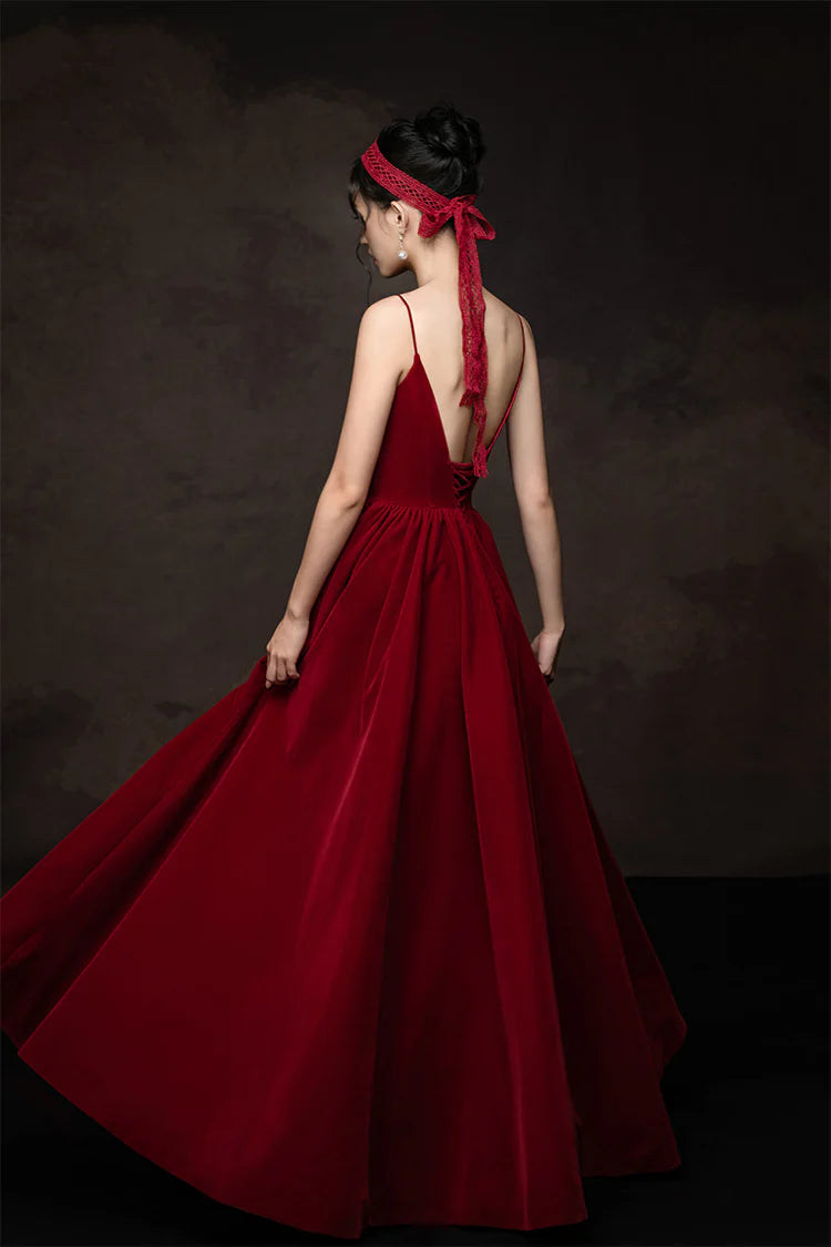 Amzcw Simple v neck burgundy long prom dress burgundy bridesmaid dress formal wear dresses