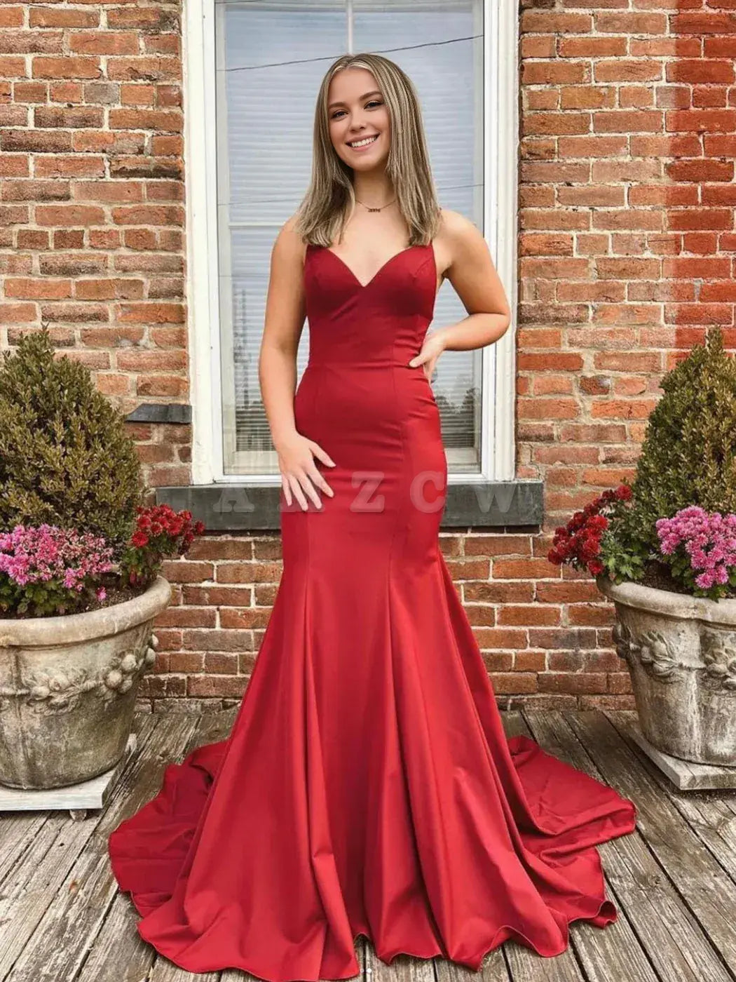 Amzcw Vestido de fiesta largo de satén burdeos con escote en V sencillo, vestido de noche, vestidos formales